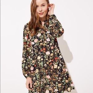 LOFT Plus Ruffle Neck Floral Midi Tie Waist Dress